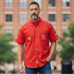 Ferrari Team Shirt Button Up Red Shell Magneti Marelli Mens Racing